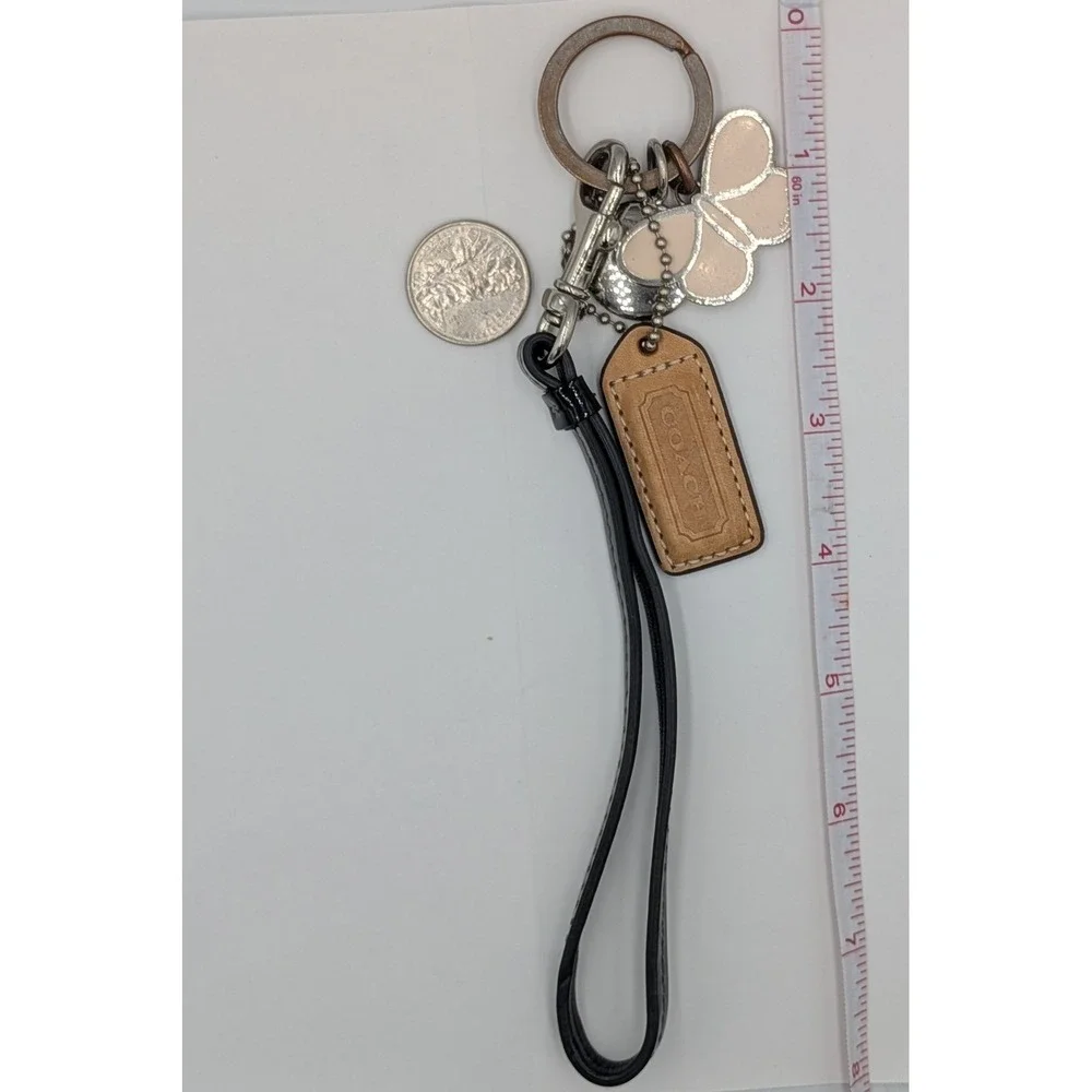 Coach Keychain Bag Charm Pink Butterfly Tan Silver Leather Hangtag Logo Vintage